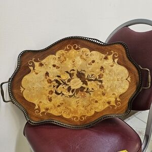 Vintage Italian 19” Marquetry Wood Floral Inlay Brass Handle Bar Tray Serving